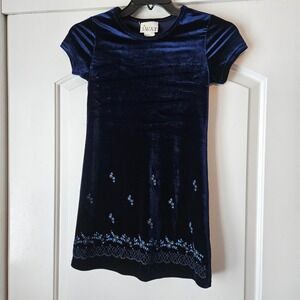 Vintage Short Sleeve Dress Girls Size 12 Navy Blue Velvet Floral Holiday Formal